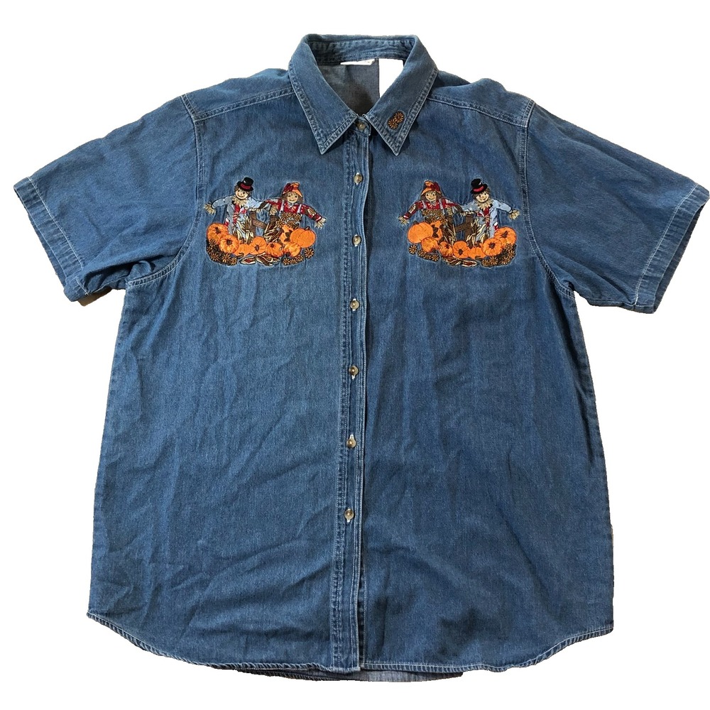 VTG‎ Bobbie Brooks Fall Embroidered Jean Shirt Women XL Blue Scarecrow Pumpkins